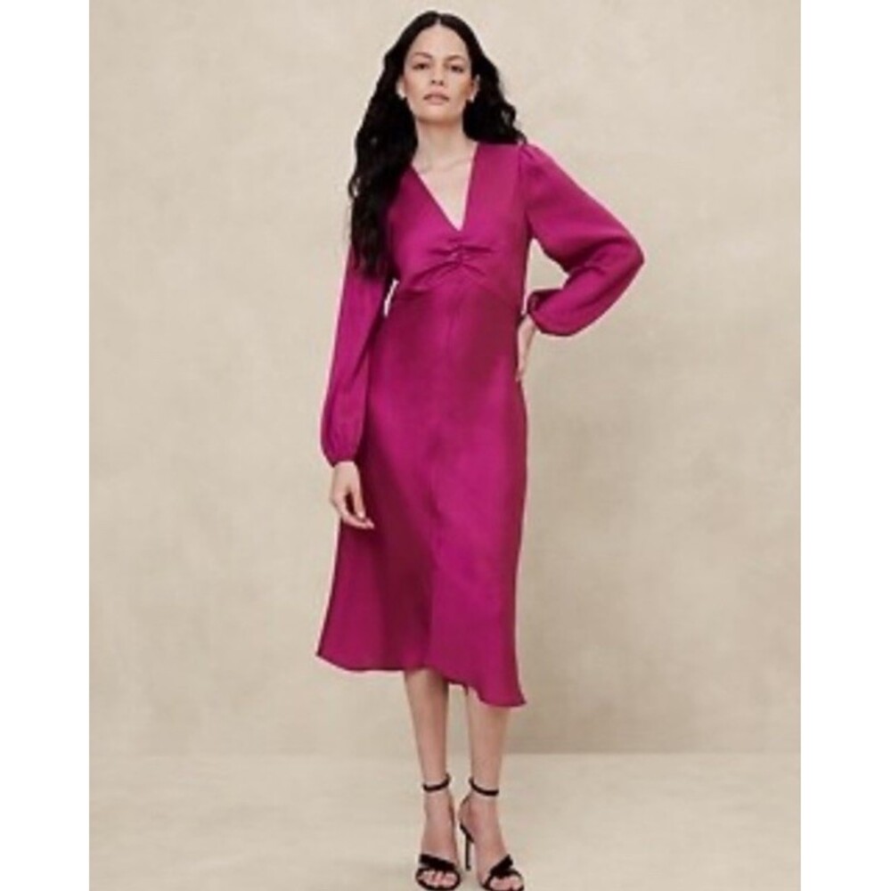 Banana Republic Pink Satin A-Line V-Neck Ruched Puff Sleeve Midi Dress 4